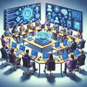 "Ilustrasi tentang pelatihan AI Meta di UE, menyoroti aspek-aspek penting yang diperlukan untuk berpartisipasi dalam program, seperti keterampilan teknis, pemahaman etika AI, dan dukungan komunitas."