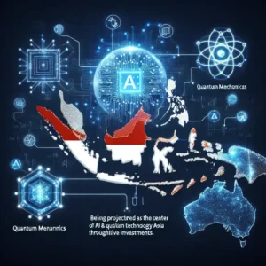"Rendering of a futuristic AI and quantum computing center in Indonesia, showcasing the planned development of a Rp 6 trillion investment to establish RI as a leading hub for AI and quantum technology in Asia."