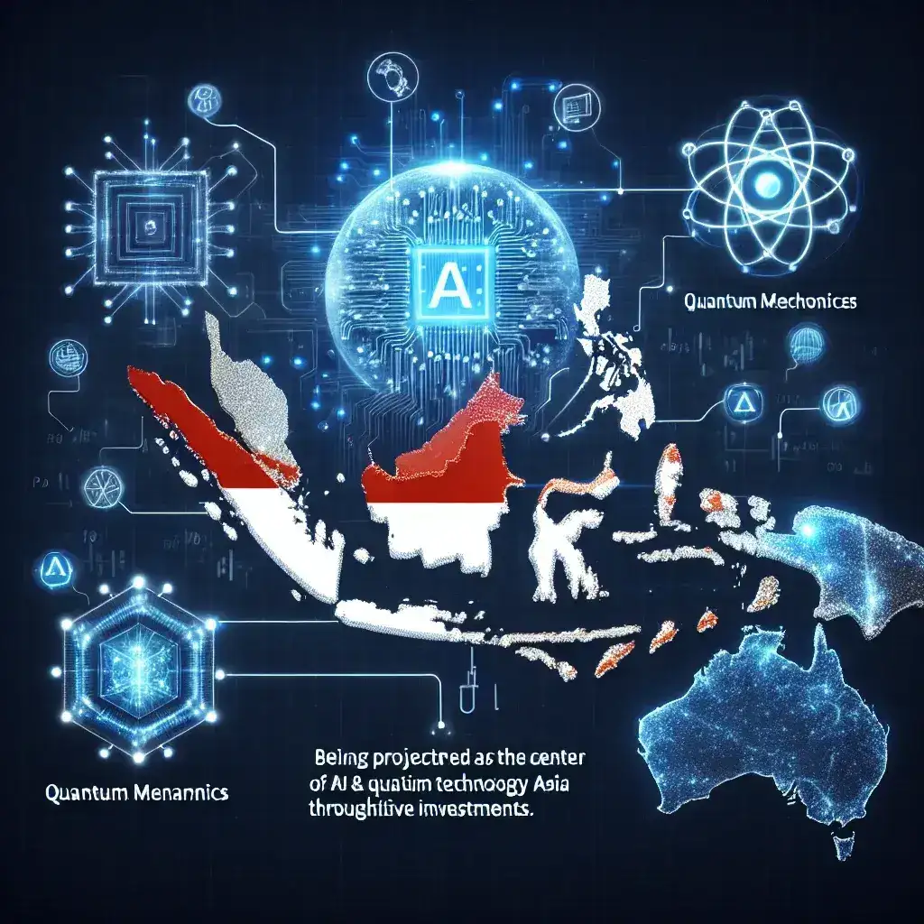"Rendering of a futuristic AI and quantum computing center in Indonesia, showcasing the planned development of a Rp 6 trillion investment to establish RI as a leading hub for AI and quantum technology in Asia."