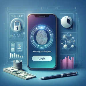 Alt text: "Pengguna aplikasi Bank Digital Baru melakukan login menggunakan fingerprint pada smartphone, menunjukkan kemudahan akses dan keamanan teknologi perbankan terkini."