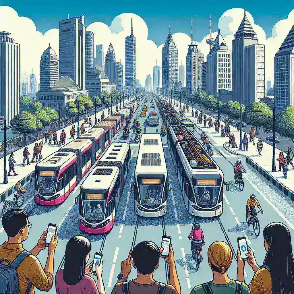 "Jakarta public transportation integration with digital wallets - passengers using a digital wallet app on smartphones to pay for bus and train services in Jakarta."